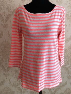 NWOT J. Crew Coral and White Striped Boatneck 3/4 sleeves Tee